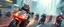 Placeholder: hi speed arch rocket ship on leaning scooter in a swing, coated cat captain in high speed pursuit among neon rat cyber soldiers, with background motion blur