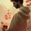 Placeholder: messi portrait , detailed hands, at dawn by atey ghailan, golden light , white robe, holding leaves and flowers , angels background, volumetric light, high detail, red leaf tree, mountains in background, perfect