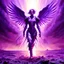 Placeholder: Totalitarian brutalist angel in purple coveralls uniform descends from aura of light in war torn wasteland