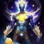 Placeholder: A divine being made from the combination of water and sun with cosmic powers and Dracula God-like man with infinite power who owns the galaxies and wears a beautiful crown A battle suit made of galaxies and stars with a glove that has seven endless stones