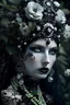 Placeholder: Beautiful vantab woman portrait, adorned with black appleflower Appleleaves decadent style raindrops covered black Apples appleleaves and flowers headress ribbed with blcack and white opal mineral stones , wearing Applefloral decadent gothic apple floral embossed lace effected half face masque, wearing Appleflower and leaves embossed floral beautiful white gothica appleleaves ornate costume organic bio spinal ribbed detail of gothica dark decadent style beautiful Apple tree garden extremely deta