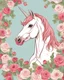 Placeholder: UNICORN MARE PORTRAIT CLORFULL SURROUNDED BY ROSES WHITE BACKGROUND