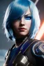 Placeholder: Smirking Cyborg anime assassin, light blue hair, blue eyes, waist up portrait, 8k resolution, intricate details, ornate details, soft lighting, vibrant colors, retroanime, masterpiece, intricate eyeliner, dark eyeshadow, eyes, intricate tattoos, futuristic cityscape background