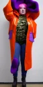 Placeholder: Bright-color-haired woman.thick thighs,thick calves,flat belly,curvy fell. big head. Mantle is sewed of upcycled Denim and sewed together of camouflage pieces. Pieces' color are orange, cream and purple. Cream latex gaiters.It is with big bright purple felt tippet and cream-colored-hood. mantle has a hood. Big AKG-style headphones (gold rings!) is merged with small felt cap with small visor. Style: Haute Couture in 1920's, N.Y.C fashion in 1996, inspired by street art.