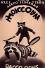 Placeholder: old man in 1928 poster advertising racoon tennis, raccons flying in air between tennis rackets while humans::4 use them as a tennis ball