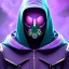 Placeholder: purple galaxy masked hooded super villain, weapons in hands, teal and purple smoke, full portrait, hyper realistic, 4k