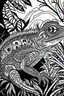 Placeholder: DRAW TO COLORING OF A CHAMELEON ON A JUNGLE, BLACK AND WHITE CARTOON STYLE, LOW DETAILS, THICK LINES, NO SHADING LINES