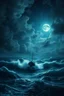 Placeholder: Bosch painting nightmare , a boat in a high waves in the middle of the ocean in dark storm and thunders starry night in the cloudy sky with a dim full half moon covered by clouds , cinematic scene, great photography, 8k , high quality