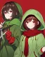 Placeholder: Short brown hair, green hooded blouse, red scarf, dark reddish background reminiscent of blood, holds a knife and smiles madly, and has red eyes that glow in the darkShort brown hair, green hooded blouse, red scarf, dark reddish background reminiscent of blood, holds a knife and smiles madly, and has red eyes that glow in the dark