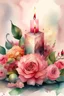 Placeholder: MAGIC A PYRAMID CANDLE IS BURNING AROUND WONDERFUL FLOWERS English watercolor, Smoky cream, pale gray, pale pink, pink background. bright light, a bouquet of roses on the table are pale pink, pale bordeaux, white, ochre. green stems, the light is translucent. Watercolor, fine ink drawing,