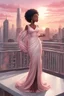 Placeholder: The scene opens onto a serene balcony overlooking a bustling city skyline. The sky above is painted in soft hues of pink and gray as the sun begins its descent, casting a warm glow over everything it touches. In the foreground stands a captivating figure, airbrush chibi cartoon curvy black woman exuding confidence and elegance. She is adorned in a flowing white knit maxi dress that hugs her curves in all the right places, accentuating her silhouette. Her choice of footwear is equally stunning