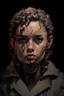 Placeholder: Portrait of a young woman with long curly hair, covering the ears. Include a short black horn on her forehead, and make it distinctive. include gray eyes, with a dark tanned skin complexion. Draw the portrait in the style of Yoji Shinkawa.