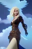 Placeholder: blue sky clouds, blonde steampunk angel in a flowing gown, majestic