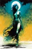 Placeholder: create an imaginative full body print illustration of an ethereal, otherworldly female Striga monster, in the comic book art style of Bill Sienkiewicz, Mike Mignola, and Jean Giraud Moebius, with highly and finely inked