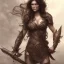 Placeholder: Warrior woman with medium wavy black hair, brown eyes, big breast, topless, glistening muscles, with a dagger in each hand.