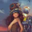 Placeholder: great illustrator, spanish, pencil sketch of a cute spanish girl kissing a cybergirl. steampunk style. Helmet with tubes. Girl with wings. Machinery in the background. Robotic bird flying. High details. 4k. unreal engine, sunset