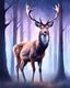 Placeholder: night, deer with antlers standing sideways, looking at viewer, realistic water color painted, among light colored tall simplified tree trunks, foggy, digital painting, Easter Spring pastel colors, colorful, dark background