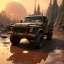 Placeholder: stylized hyperrealistic shot, muddy aggressive military toy truck, monotone color palette, sharp focus, puddle reflection, tire water splash, refraction, sunset, rocky terrain with huge boulders, detailed and intricate, cinematic composition, micro, tilt shift photography, unreal engine 5, octane render, 8k, cinematic lighting