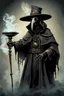 Placeholder: plague doctor wearing a large floppy pointy wizard hat, amazing quality, high detail, epic, fantasy, holy book on waist, tiny arms on chest, four arms, holding a censer in one hand with smoke coming out