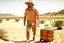 Placeholder: man on holiday, suitcases, explorer hat, Hawaiian shirt and shorts and sandals, in the desert, warm color