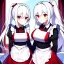 Placeholder: Clear focus, 8k, beautiful lighting, vibrant colors, girl, white hair, long hair, vibrant red eyes, ponytail, same twins, white hair, red eyes, same clothes, maid,