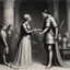 Placeholder: Joan of Arc approach the throne ; she can see the king studying her intently. She bows deeply, showing her respect, and Jean and Bertrand introduce her to the king.