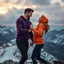 Placeholder: Hyper Realistic Close Shot Of Romantic Couple (Handsome Muscular Man Wearing Fitted Purple Hoodie Smiling And Black Jeans With Woman Wearing Orange Hoodie And Navy-Blue Jeans Smiling And Both Looking At Each Other Romantically And Getting A Bit Close) And Both Wearing Sneakers Dancing On A Icy Mountain With Cold Breeze And Snowy Mountains At Cloudy Sunset Showing Dramatic & Cinematic Ambiance.