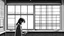 Placeholder: monochromatic japanese classroom with a shadowy figure looking out the window holding a transparent key emanating glow that colors the surroundings, anime