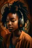 Placeholder: earthy black young woman listening to music with headphones, soul, peace, majestic, earthy colours, at peace, happy