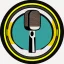 Placeholder: logo of a radio station, "Radio KLASS", clipart microphone; Yellow and white, circular.