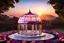 Placeholder: Grand dôme transparents à facettes, monture dorée, paysages grandioses, coucher de soleil, fleurs multicolores, petits dômes, glycines roses et mauves