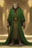 Placeholder: Male khajiit with grey fur and Hazel eyes wearing a emerald green robes in a fantasy setting