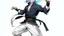 Placeholder: Satoru Gojo is a young guy white hair blue eyes black turtleneck without arms white loose pants in a defensive pose