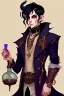 Placeholder: Young tiefling nobleman alchemist with black hair horns and large reptilian tail steampunk jewelry and potion bottles in the style of Charles Addams