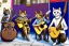 Placeholder: Group of three mature cats musicians, one cat playing guitar, one cat playing drums, one cat holding microphone and singing, street, Vienna, smiling, sunny day, model style, hyper realistic, extremely accurate, delicate, extremely detailed, Graphic novel style, wide-angle, open aperture, superfine pencil