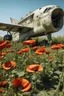 Placeholder: poppies growing out of a big abandon corroded old small airplane
