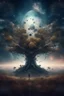 Placeholder: The tree in another dimension surrounded with big doom and mirrors with stars and galaxies and clouds and fogs, Busch painting nightmare style , 3D , scary, magical, mysterious