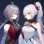 Placeholder: High quality, Detailed, 1girls, looking at eachother very angrily, wearing a genshin inspired outfit, the outfit has some holes, the outfit also has a very see through fabric, grey hair with on ponytail, red hair, about to slap eachother