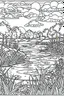 Placeholder: coloring page, pond in the field, cartoon style, thick lines, low detail, no shading