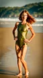 Placeholder: beautiful anorexic woman, full body shot, short shiny olive triathlon swimsuit, medium length wavy bob haircut, photographed on the beach, raw, red hair, healthy