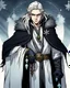 Placeholder: a young High Elf frost Wizard with long wiry hair, wearing a black trimmed white nobleman's robe and frost ornaments on clothes, with a small weasel on his shoulder