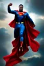 Placeholder: Cinematic view, hyper realist, hyper detailed, intricated, heroic, awesome, incredibly handsome black man as superman, floating red cape, movie costume, by greg rutkowski, artgerm, wlop, vallejo