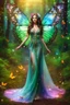 Placeholder: Gorgeous Photography Ultra Realistic Natural Beautiful Butterflies woman straddle wings with gown shiny brown flowing hair, glitter colorful Butterflies wings, lovely glowing green eyes, surrounded by magical colorful forest and flickering lights, digital photography, kaleidoscope, vibrant colors, vivid colors, colorful,in magic forest full sparkling light