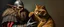 Placeholder: master oil painting by Rembrandt, fantasy orc soldier holding and petting a big ugly cat
