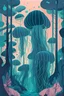 Placeholder: jellyfish forest, 2D flat illustration style, monoline, 3 colors