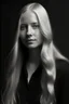 Placeholder: Portrait of a human woman, long blonde hair, dressed in black and white, pale,