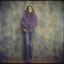 Placeholder: Caroll baker,Hippie girl, jeans, purple fur, striped wallpaper, old autochrome