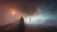 Placeholder: walking straight ahead over a wooden bridge, holding the angel of death with your right hand, entering the fog at the end of the road that leads to the afterlife, and a beautiful sunset and galaxy's behind the fog, realistic