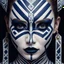 Placeholder: A hyper-realistic close-up portrait of a mysterious woman with intricate ceremonial face paint. Her porcelain skin is painted with sharp navy blue and white geometric stripes running vertically, framing her nose and outlining her features in a symmetrical, almost sacred pattern. Her eyes are intense and ethereal, with shimmering black and silver eyeshadow, outlined in crimson red, giving her a haunting, regal presence. Red crystal-like beads hang like tears from under her eyes, strung on golden