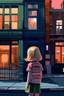 Placeholder: tableau d'une petite fille seule et perdue ,de 5 ans, aux cheveux clairs , de dos, dans une rue urbaine, immeubles colorés , boutiques avec vitrines à la manière de EDWARD HOPPER